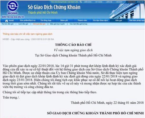 Sàn HOSE thông báo tạm ngừng giao dịch ngày 23/1 do lỗi hệ thống ảnh 1